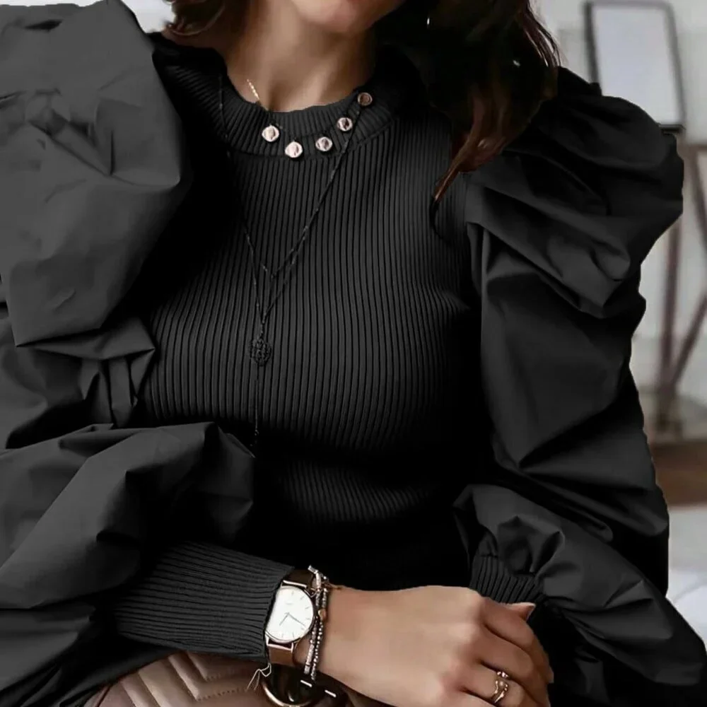 Black Casual Women's Crew Neck Fitted Puff Sleeve Splice